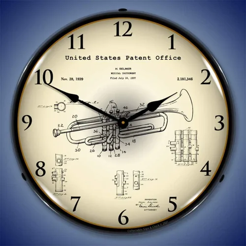 Vista 2 de Trumpet 1937 - Reloj de pared LED patentado, Retro/Vintage, iluminado, 14 pulgadas