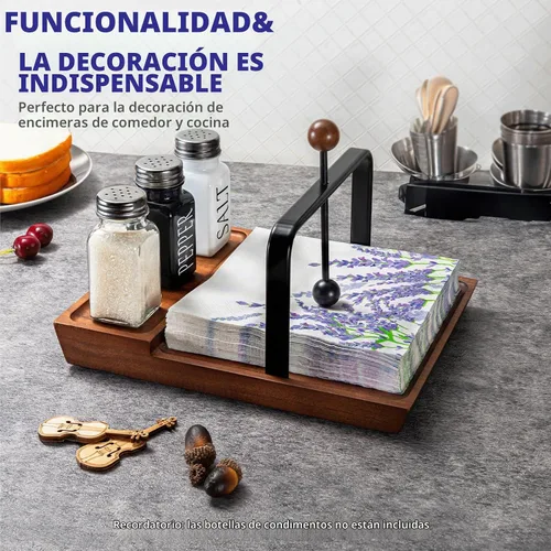 Vista 3 de Servilletero de madera – Servilletero multifuncional para mesa y cocina, incluye espacio para condimentos – Perfecto para el hogar, cocina