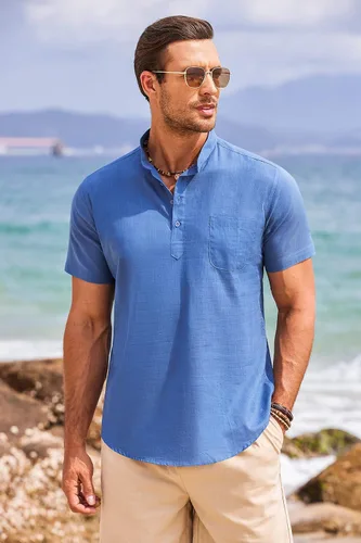 Vista 4 de COOFANDY - Camisetas henley de algodón y lino para hombre, manga larga, con bolsillo, de estilo hippie, informal, para la playa