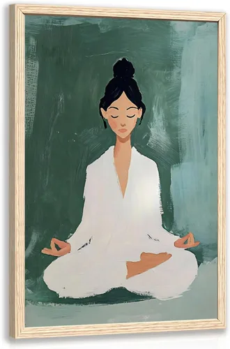 Vista 11 de GELDSTEI Arte de pared zen enmarcado, pintura moderna en lienzo de chica haciendo yoga, decoración de pared de meditación tranquila, imagen estética