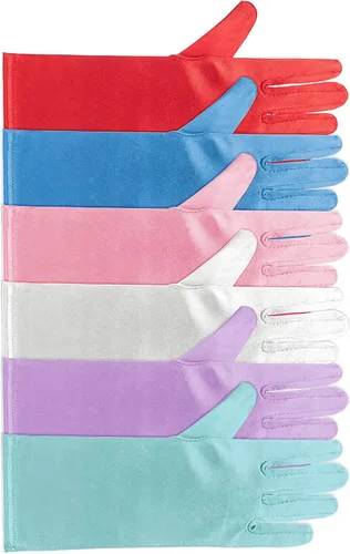 Vista 2 de Zhanmai 6 pares de guantes largos de vestir de princesa, guantes de satén sedosos brillantes para fiestas de niños, bodas, concursos formales