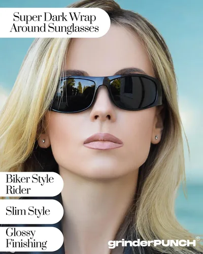 Vista 7 de grinderPUNCH Gafas de sol negras polarizadas súper oscuras Estilo ciclista Estilo envolvente ligero protección UV