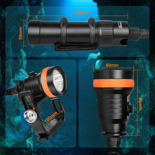 Vista 3 de ORCATORCH D630 V2.0 4600 lúmenes - Luz de buceo con recipiente primario 7° Narrow Beam, 5 CREE LEDs, Adjustable Cable Angle (90°–180°), Side Mount