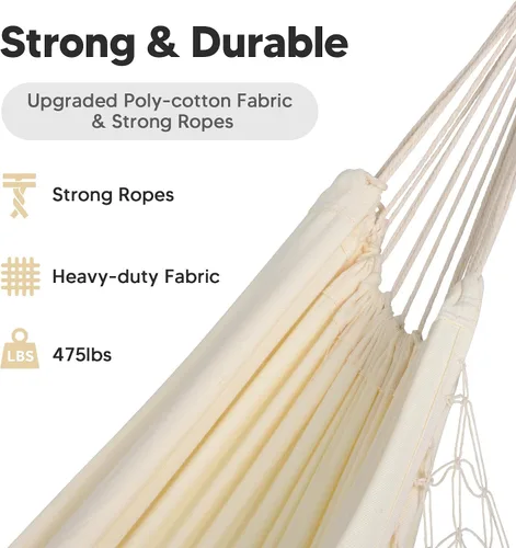 Vista 3 de SUNCREAT - Hamaca portátil de camping para exteriores, resistente, hamaca para 2 personas para colgar en árboles, color beige con borlas