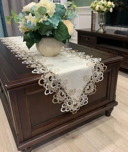 Vista 2 de AMZALI Corredores de mesa de macramé para fiesta, 70 pulgadas de encaje floral bordado rectangular bufanda para cómoda decoración de mesa para boda