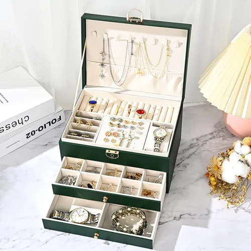 Vista 2 de Organizador de joyas con cuero sintético, joyero para mujer, caja de joyería grande con cerradura y llave, almacenamiento de aretes de collar, cajas