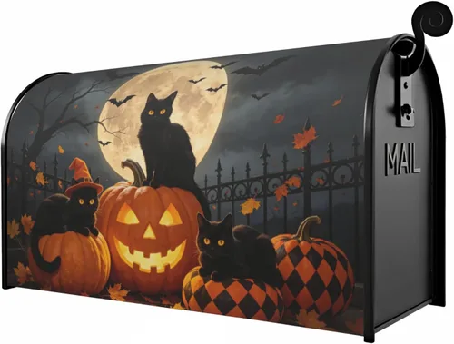 Vista 2 de Halloween Pumpkin Black Cat Mailbox Covers Magnetic Standard Size 18 X 21 Fall Maple leaves Spooky Themed Holiday Decorations Mailbox Wrap Post