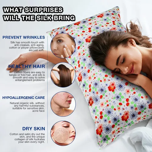 Vista 4 de MANSPHIL Funda de almohada de seda con bonitas flores rojas y blancas, tamaño estándar, 22 Momme 100% seda de morera, funda de almohada con cierre