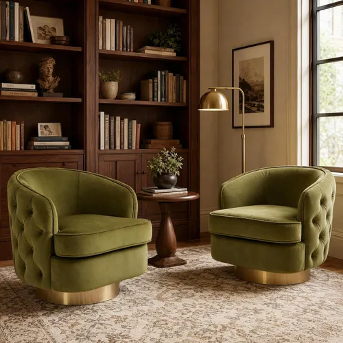Vista 11 de Hyfirm Silla de Acento Moderna, Sillón Giratorio Tipo Barril para Sala de Estar, Sillas Cómodas de Terciopelo con Botones Capitoné, Sofá Individual