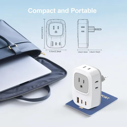Vista 7 de Paquete de 2 adaptadores de enchufe de viaje europeos, adaptador de corriente 7 en 1 Brasil, 4 salidas de CA con 3 puertos de carga USB, adaptador