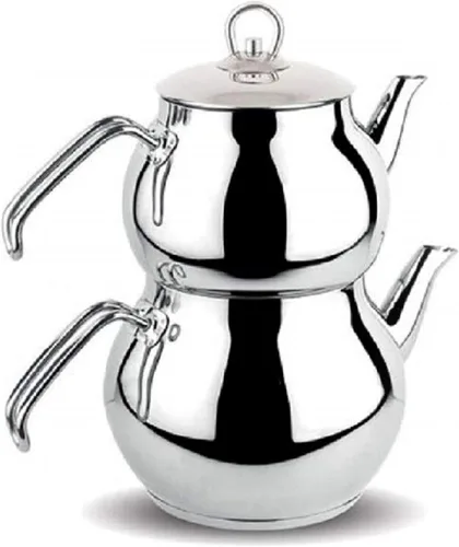 Vista 8 de Juego de tetera turca de acero inoxidable para estufa, tetera doble con colador, asas rojas, calentador de agua Samovar para té turco