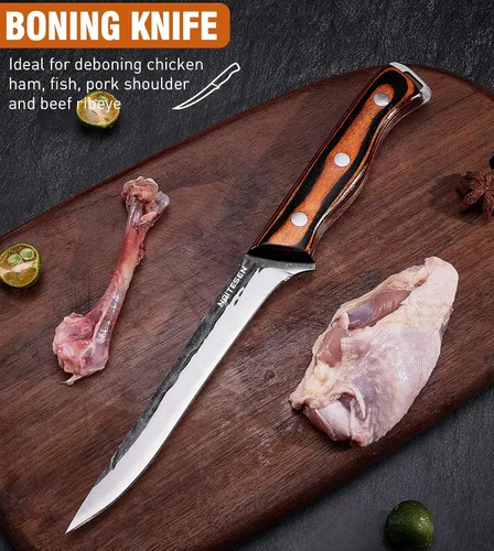 Vista 5 de Naitesen 4 piezas de cuchillo de carnicero forjado a mano y cuchillo de cocina 2 en 1, juego de cuchillo de chef serbio resistente para carne