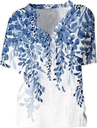 Vista 2 de Blusas casuales de lino y algodón para mujer, con estampado floral, manga corta, con botones y cuello en V