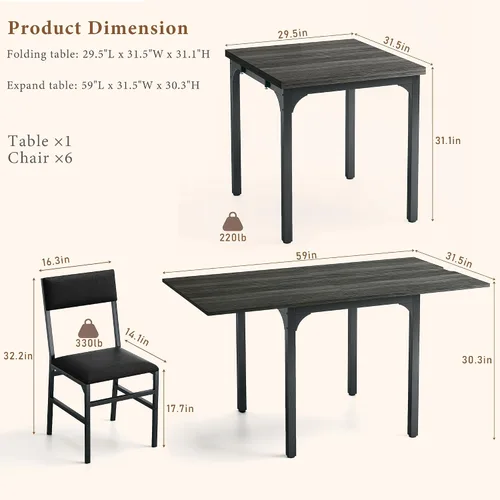 Vista 8 de Juego de mesa de comedor de 7 piezas para 4-6, sillas extensibles para mesa de cocina, juego de 6 con 6 sillas, mesa de comedor rectangular