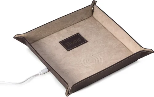 Vista 6 de Bey-Berk Bandeja de valet de cuero personalizada personalizada con cargador inalámbrico (marrón)