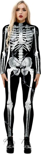 Vista 23 de Honeystore - Enterizo para disfraz de esqueleto para mujer, para Halloween, malla entera, leotardo, para cosplay Color06
