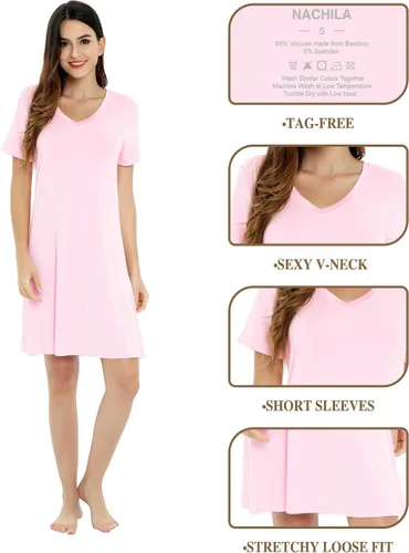 Vista 4 de NACHILA Camisones de viscosa para mujer, hechos de bambú, suaves camisas de dormir de manga corta, ropa de dormir suelta