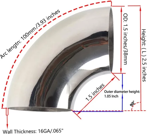 Vista 2 de Codo de curva de mandril de 90° de 1.5 pulgadas, tubo curvado de acero inoxidable SS304, codo de tubo de escape de 90 grados - grosor 16GA/.065