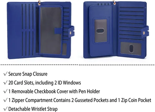 Vista 5 de UTO Cartera de pulsera para mujer desmontable para chequera, tarjeta, billetes, teléfono, organizador grande, 1085 azul, Grande, Moderno