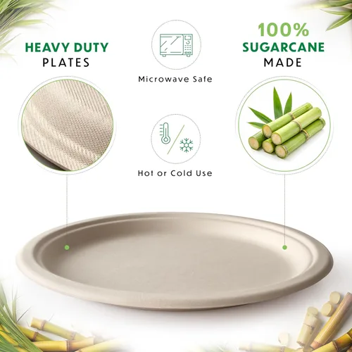 Vista 2 de Platos compostables, platos de papel desechables de alta resistencia - [125 unidades] de 9 pulgadas, biodegradables sin blanquear, hechos de bagazo