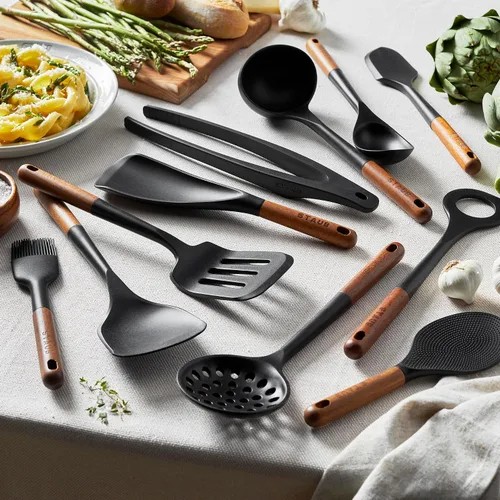 Vista 3 de STAUB Juego de utensilios de cocina de silicona con mango de madera de 11 piezas Utensilios de cocina de silicona resistentes al calor con Negro
