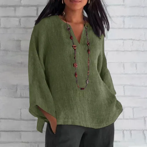Vista 2 de NEBZCIV Cotton Linen Tops Long Sleeve for Women Autumn Loose Fit Sweatshirt Casual V Neck Plain Pullover