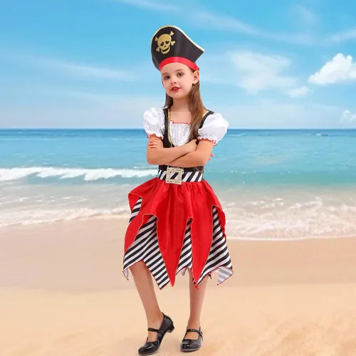 Vista 6 de Wizland Girls Pirate Costume，Girls Pirate Outfit Kid Dress Up for Halloween with Hat