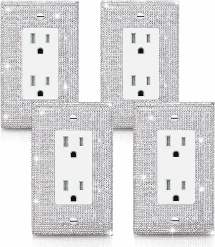 Vista 14 de 4 Piezas Cubiertas de Tomacorriente con Diamantes de Imitación Plateados Brillantes Placa de Pared 1 Gang Toggle Cubierta de Interruptor de Luz