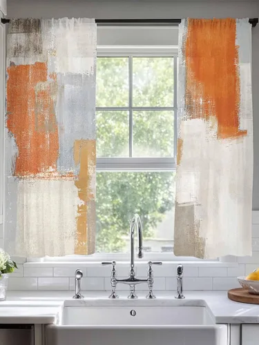 Vista 3 de Cortinas traslúcidas naranjas de 63 pulgadas de largo, juego de 2 paneles de cortinas de cocina naranja y gris, cortinas semitransparentes