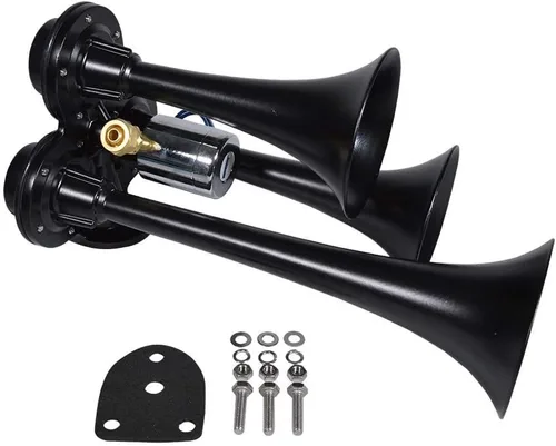 Vista 5 de Hornblasters Stealth Black Caboose - Bocina de aire de 12/24 voltios solamente - 3 trompetas - tono único