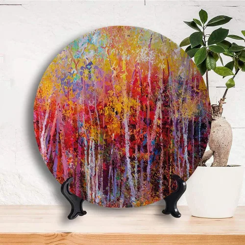 Vista 3 de Platos de cerámica, platos de cerámica decorativos de la naturaleza, pintura vibrante de la naturaleza con árboles en el bosque de otoño, platos