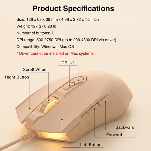 Vista 6 de Lomiluskr Ratón para juegos con cable RGB AJ52, 7 botones programables, ratones de computadora con iluminación RGB, 200-4800 DPI ajustable