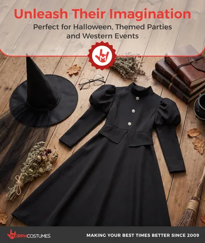 Vista 6 de Morph Disfraz de bruja malvada para niñas, vestido de bruja para niños, disfraz de Halloween malvado para niños