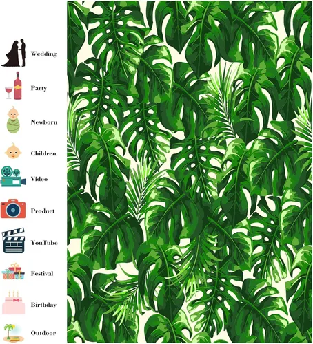 Vista 2 de Fondo de fotografía de plantas de hojas verdes primaverales de 3 x 5 pies, Monstera y hoja de palma sobre fondo beige para fotografía, fondo