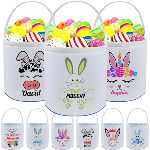 Vista 21 de Cesta de Pascua personalizada con nombre para niños, lona personalizada, cubo de Pascua, regalo para niños y niñas