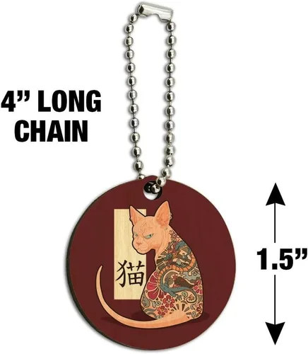 Vista 3 de Llavero redondo de madera con diseño de dragón con diseño de gato y esfinge