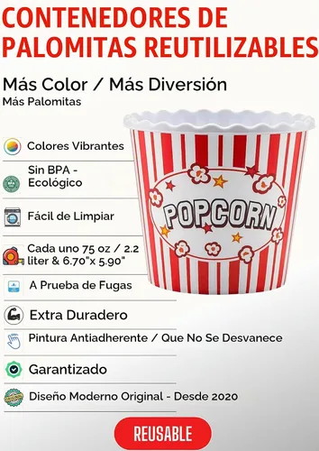 Vista 4 de Caja de plástico reutilizable de estilo moderno, recipientes para palomitas de maíz, cuencos para palomitas de maíz, juego para noche de cine