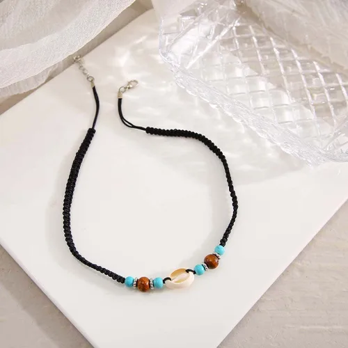 Vista 3 de Iaceble Gargantilla de concha bohemia, collar de gargantilla con cuentas de turquesa, collar de clavícula trenzado de concha de cauri, collar