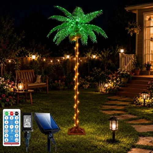Vista 11 de Ledido - Palmera artificial iluminada de 5 pies, colorida con 3 cocos, 144 luces LED, para exteriores, con control remoto, impermeable, regulable