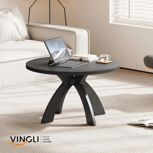 Vista 7 de VINGLI Mesa de centro redonda de 31.5 pulgadas con patas cruzadas, mesa de centro de madera, color negro Mesa de centro moderna de mediados