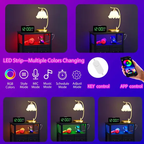 Vista 7 de Furnulem Mesita de noche negra con estante de madera, mesa auxiliar con luz LED y estación de carga, mesita de 25.8 pulgadas con 3 cajones