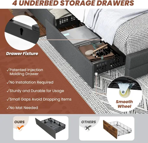 Vista 5 de Giantex Base de cama individual con luces LED y 4 cajones, base de cama de plataforma tapizada con puertos USB, diseño de cabecera ajustable