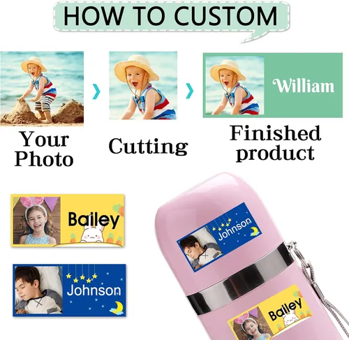 Vista 3 de 78 etiquetas personalizadas para niños con fotos impermeables, etiquetas de nombre personalizadas para suministros escolares, guardería, botellas