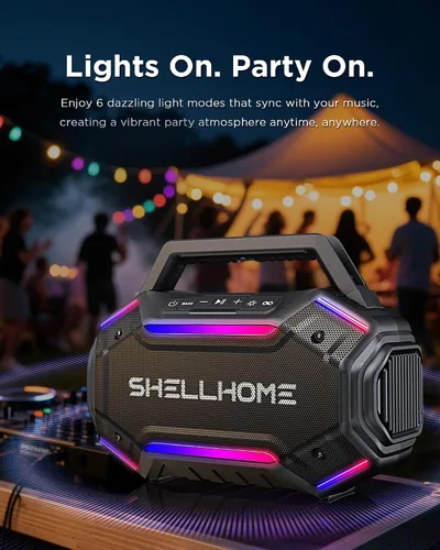 Vista 3 de ShellHome Altavoces Bluetooth 6.0 para exterior, altavoz potente de 80 W (máximo) con graves, 30 horas de reproducción, impermeable IPX6, luces RGB