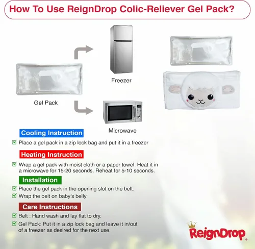Vista 4 de ReignDrop Alivio de cólicos para recién nacidos – Set de alivio de gases con banda para el vientre, paquete de gel, bolsa de almacenamiento