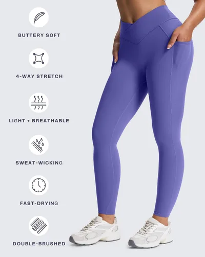 Vista 23 de Aoxjox Trinity - Pantalones de yoga de cintura alta con bolsillos para mujer, control de abdomen, cintura cruzada, leggings de entrenamiento suaves