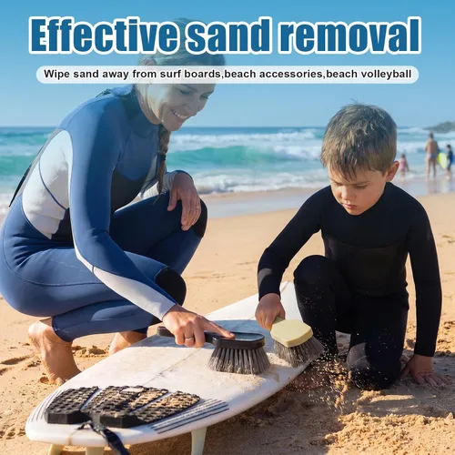 Vista 5 de Remerry 2 cepillos removedores de arena de playa con bolsa de cordón, accesorios de playa, cepillos para limpiar cerdas suaves para vacaciones