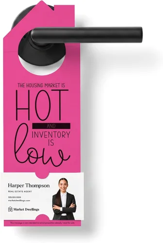 Vista 11 de Real Estate Door Hangers for Agents, The Housing Market Is Hot and Inventory Is Low, 50 Pack with Business Card Slot, 100lb Cardstock, White, Market