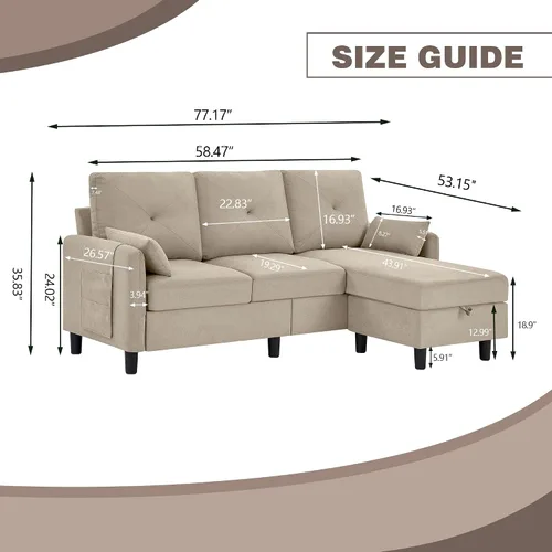 Vista 2 de Sofá Seccional Convertible, Sofá Pequeño en Forma de L de 77" de 3 Asientos con Chaise de Almacenamiento Reversible, Sofá Moderno de Tela