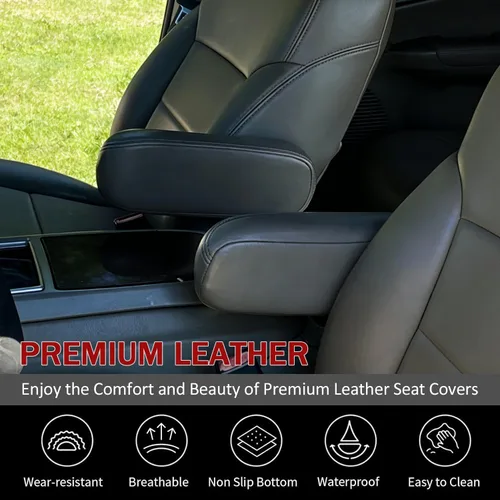 Vista 2 de NLQR 2 piezas fundas de repuesto para reposabrazos de asiento de cuero negro compatibles con Ford F150 F250 F350 F450 F550 Excursion 1999 2000 2001